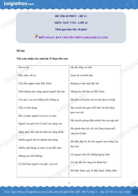 Đề kiểm tra 45 phút kì I Ngữ văn 12 - Đề số 11 có lời giải chi tiết